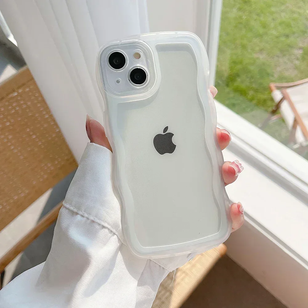 Para iPhone 16 15 14 Pro15 14 16 Pro Max 16 Plus funda bonita transparente onda rizada híbrida a prueba de golpes cubierta de parachoques Fundas suaves: Para iPhone 15 Plus / Transparente