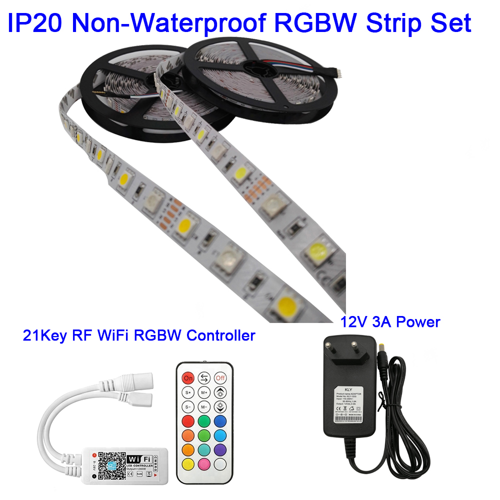 12V 5050 Rgbw Rgbww Led Strip 60Leds/M 5M Met Mini 21Key Rf Wifi Afstandsbediening alexa Google Voice Control + Voeding: White PCB IP20 Set / RGB Warm White