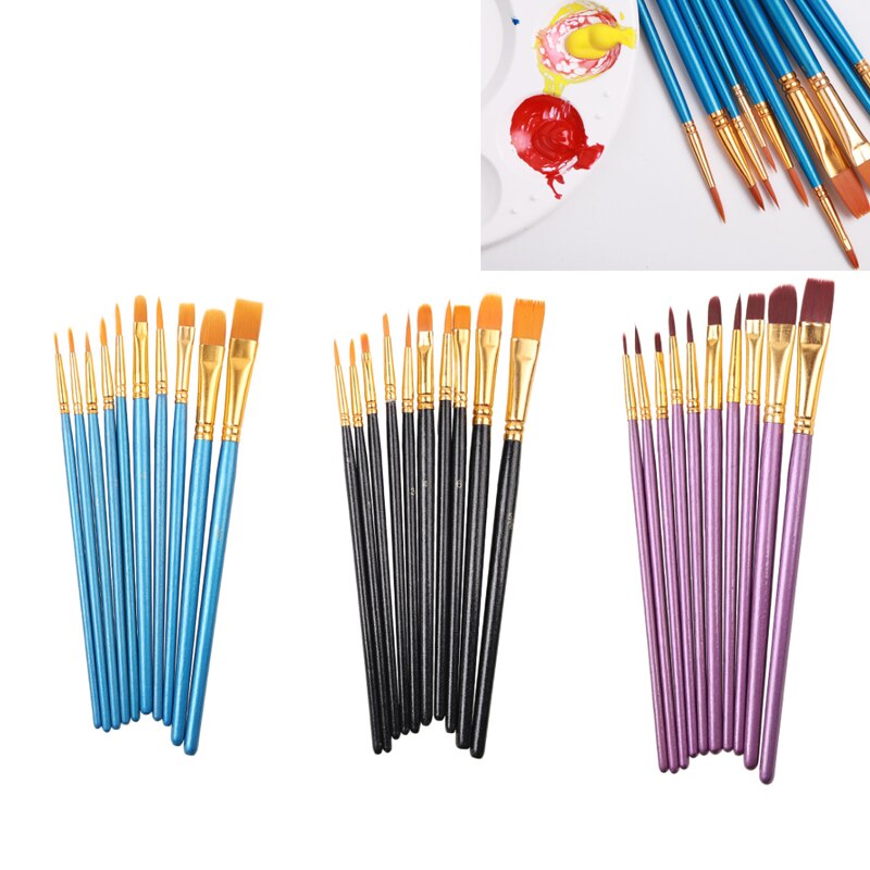 10 st/set nylon hår oljefärg pensel platt pensel blå/svart/lila akryl diy ritpenna för konstnärer målare nybörjare