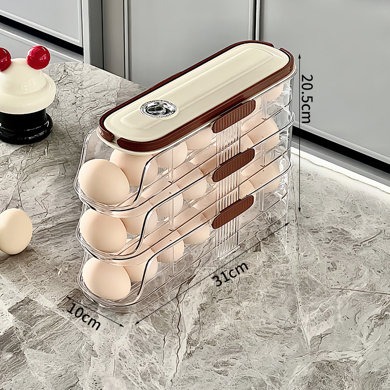 Household Multi-layer Automatic Rolling Egg Storage Box Kitchen Egg Rack Tray Refrigerator Timing Special Egg Carton: light yellow