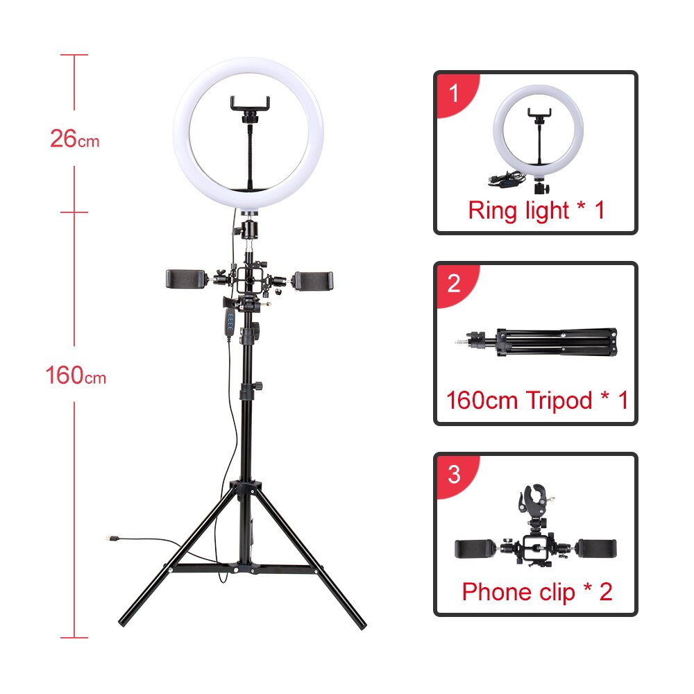 Yizhestudio 10inch 26cm USB Interface Dimmable LED Ring Light lamp Camera Phone Photography Video Makeup Lamp With Tripod clip: 1.6M-2