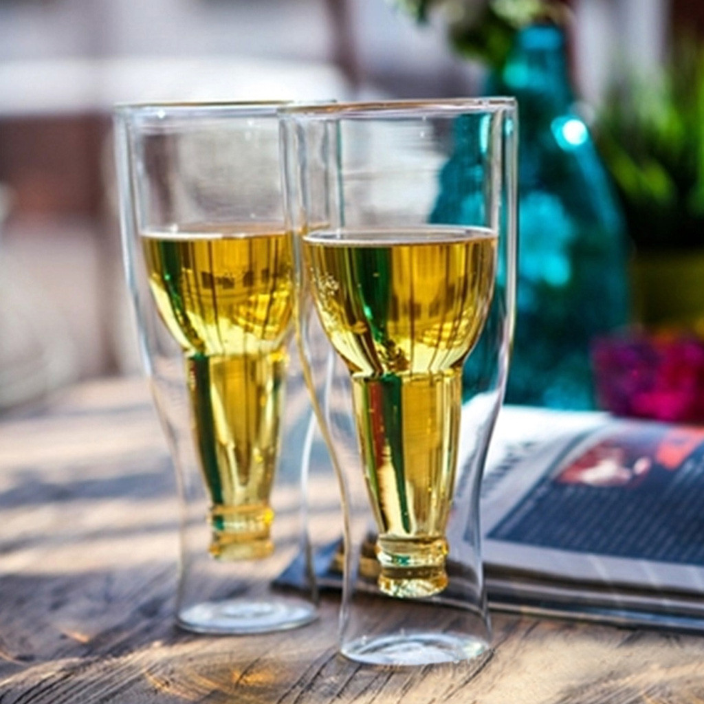 Glas dubbelväggigt ölglas hopside longneck upp och ner inverterat dricka transparent vinglas kopp  #r25