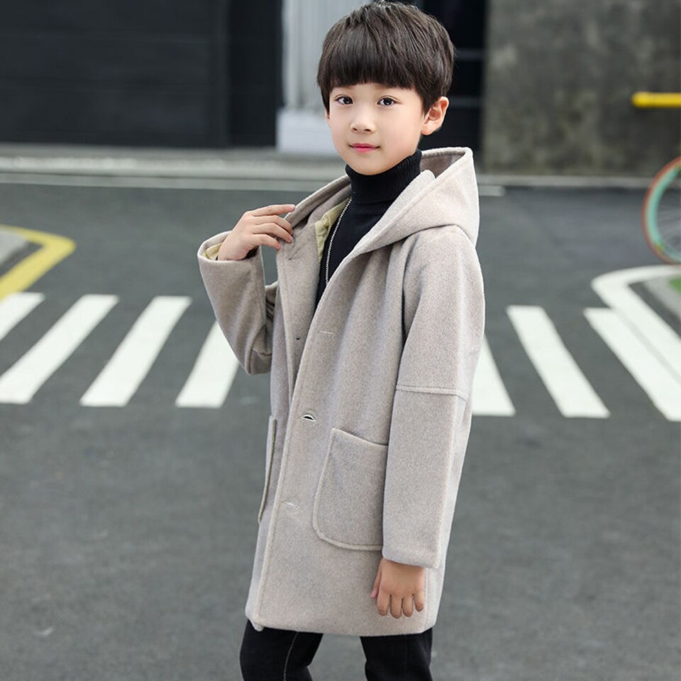 Casaco de lã infantil com capuz, casaco longo de lã da moda para garotos, para outono e inverno: Cinza / 10