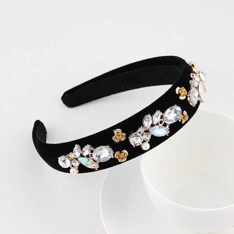 Hair Accessories Baroque Jeweled Pearl Hairband Crystal Rhinestone Bezel Velvet Satin Headband For Women Girls: Pattern 06