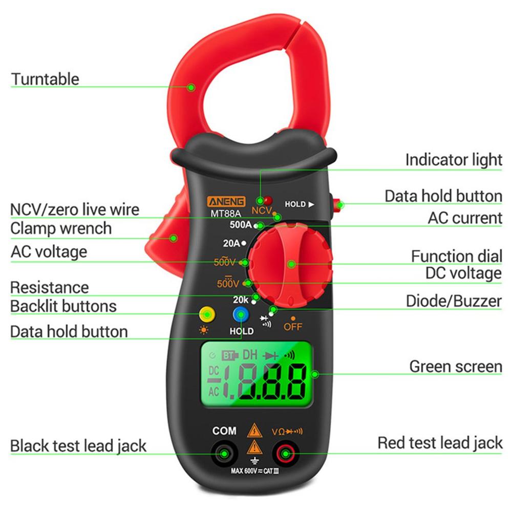 ANENG MT88A Digital Clamp Meter Multimeter 500A DC/AC Voltage AC Current Tester Frequency Capacitance NCV Test Mini Clamp Meter