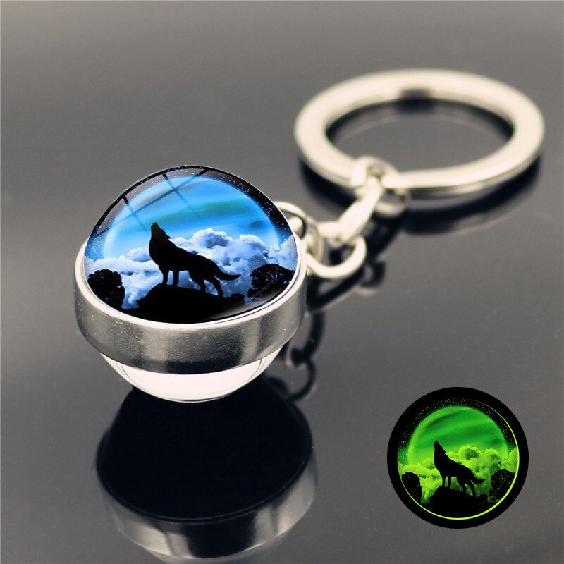 Lichtgevende huilende wolf huilende maan sleutelhanger hanger dubbelzijdige gloeiende glazen bol sleutelhanger hanger: 12