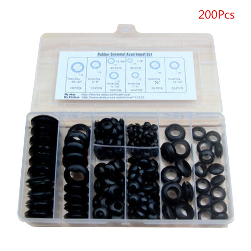 200 Stks/doos Rubber Tule Pakking Kits Voor Draad Kabel Zwart Assortiment Set 62KC