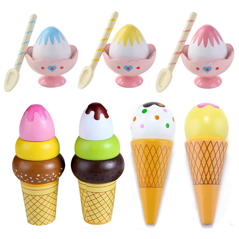 Wooden Kitchen Ice Cream Strawberry Dessert Food Toys Cutting Magnetic Chocolate Sweets Girl Pretend Play Children Friends