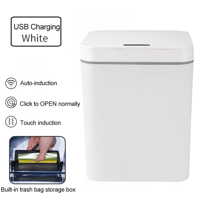 14/16L USB Charging Rubbish Can Automatic Smart Induction Trash Can Sensor Dustbin Touch Sensor Garbage Bucket for Home Kitchen: White-USB / 14L
