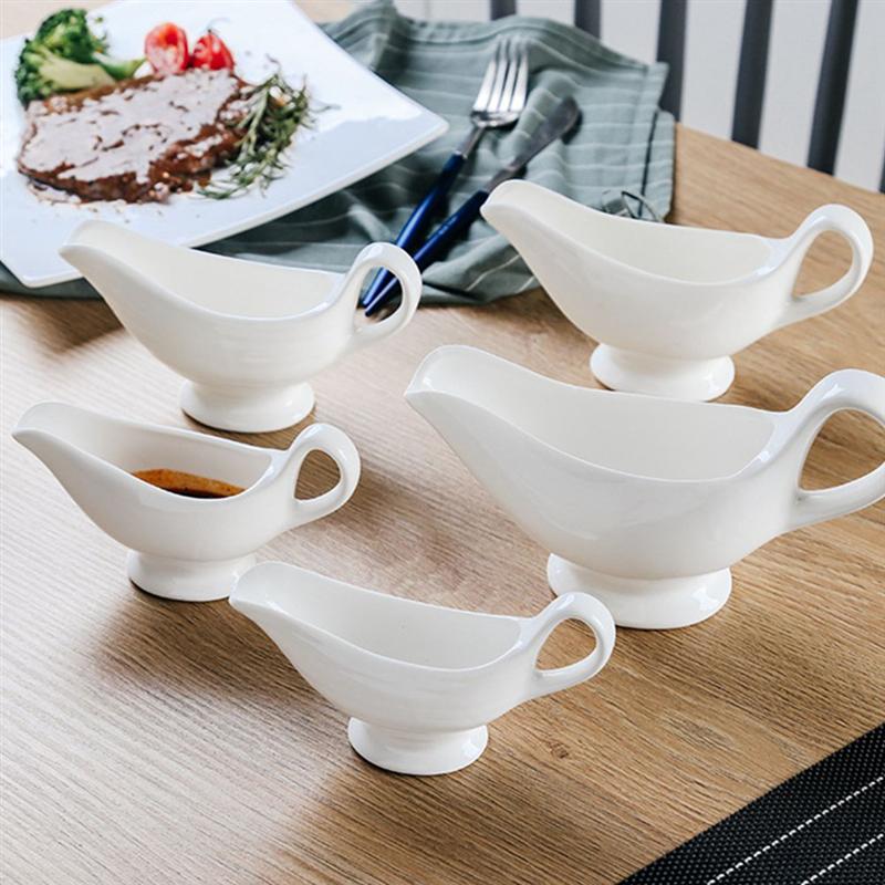 2Pcs Pure White Boat-Shaped Sauce Pot Ceramics Gravy Can Gravy Sauce Boats Condiment Boats Saucier Boats With Handle