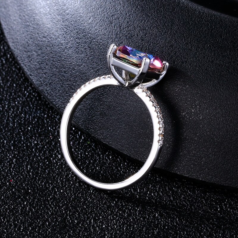 Chamfer Square 8*8MM Mystic Fire Rainbow Topaz Ring for Women Silver Rings Anniversary Jewelry Valentines Day