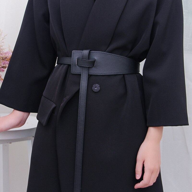Cinturón largo ancho de cuero para mujer, cinturones de corsé anudados en la cintura, negro, falda, abrigo, accesorios de ropa