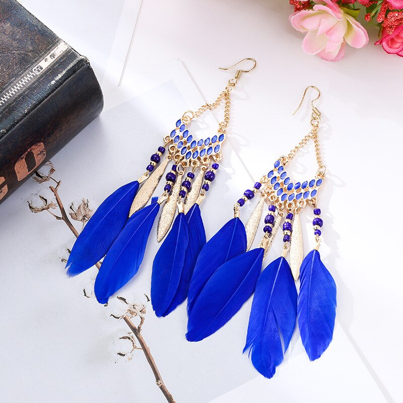 Pendientes colgantes de plumas bohemios para mujer, aretes largos de cuentas con borlas, joyería para , banquete,: E1420-6