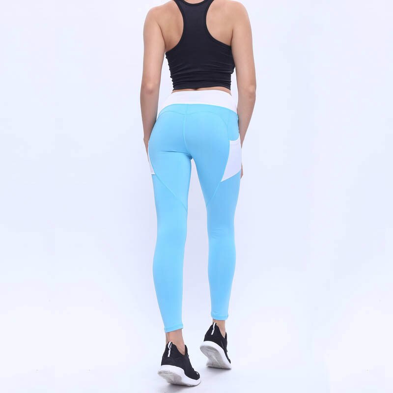 Women Workout Leggings With Side Pocket Black Pink Blue Solid Color Fitness Yoga Pants Breathable Slim Legging For Women: Sky Blue / S