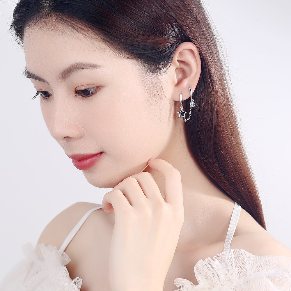 ANENJERY Silver Color Copper Double Ear Hole Hoop Earring Zircon Glaze Star Tassel Chain Earrings For Women S-E1056