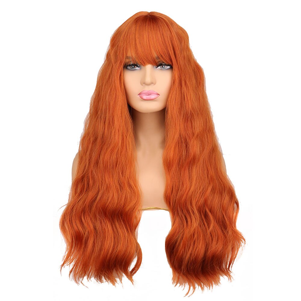 Qqxcayw parrucche sintetiche lunghe ricci verdi rosa rosse con frangia parrucca per capelli resistente al calore setosa naturale da donna: arancia