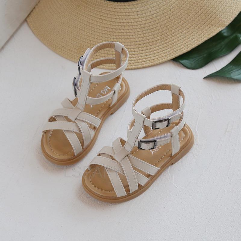 Kids Roman Sandals High-Top Girls Flat Beach Sandals Children Girls Princess Shoes Solid Color Summer Shoes: 02 / 25-insole 15.3cm