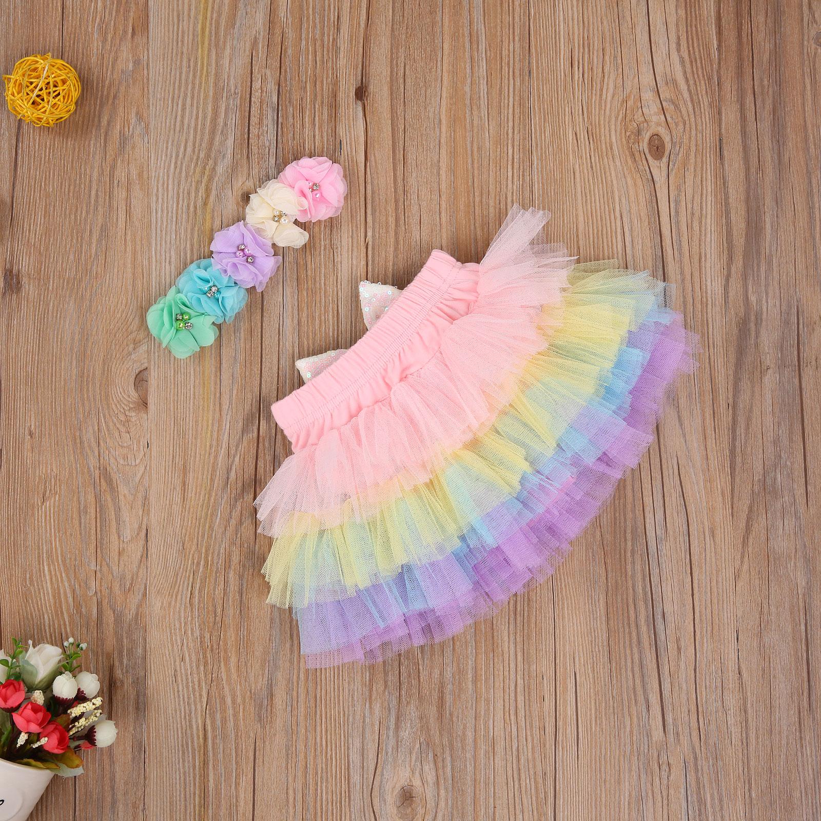 0-3M Kleinkind Baby Mädchen Regenbogen Ballettröckchen Felsen Stirnband Bunte Pailletten Bowknot Gittergewebe Schicht Ballettröckchen Röcke Headwear Geburtstag Party Outfit