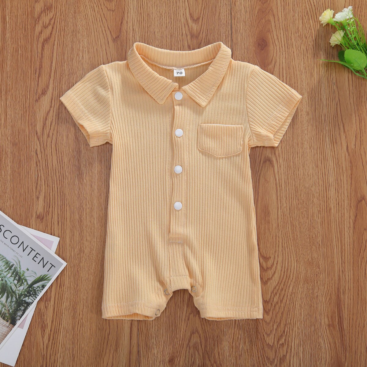 Baby Boy 3M-24M Brei Romper Solid Een Stuk Revers Jumpsuit Korte Mouwen Katoen Button Down bodysuit