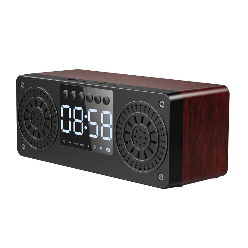 Bluetooth Clock Column Portable Wireless Speakers Bass Stereo Subwoofer With Handsfree USB TF Card AUX MP3 Player Alarm Clock: Red Wood Grain