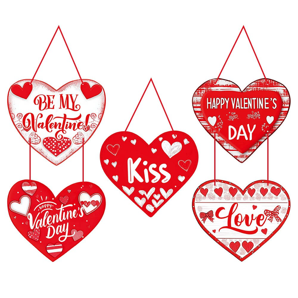 Letrero de puerta del Día de San Valentín, romántico de corazón rojo, adorno colgante para puerta delantera, letra feliz impresa, decoración de corona del 14 de febrero