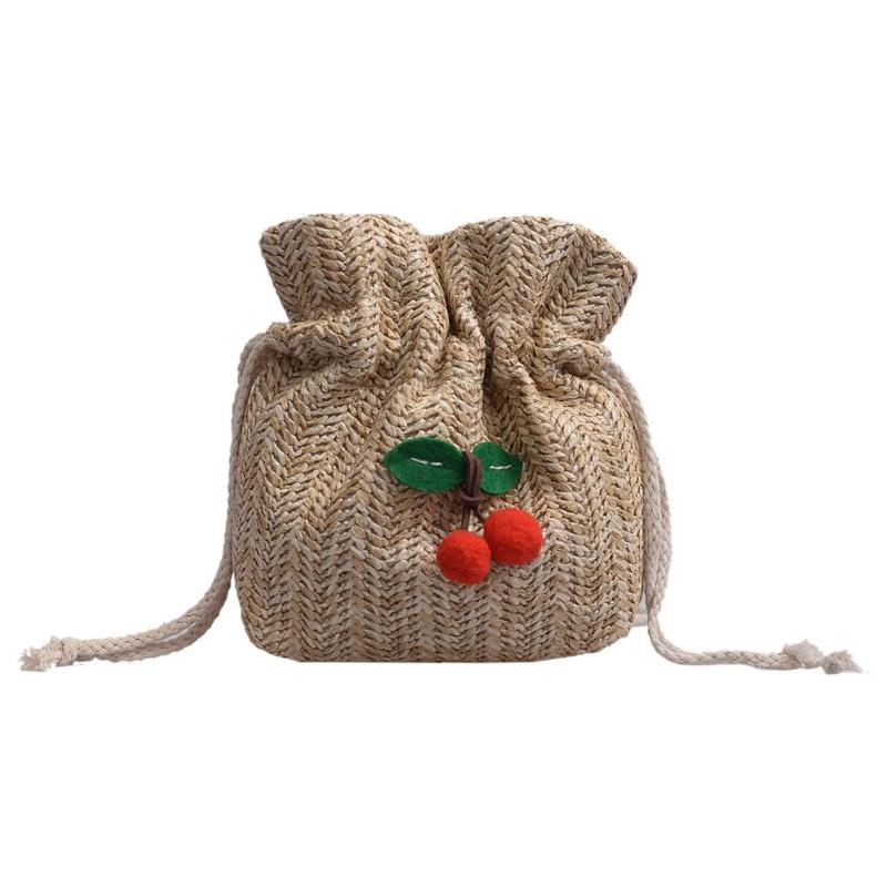 Petites filles décontracté paille cerise seau bandoulière sacs à bandoulière femmes sauvage été plage cordon poche Messenger sacs: Kaki