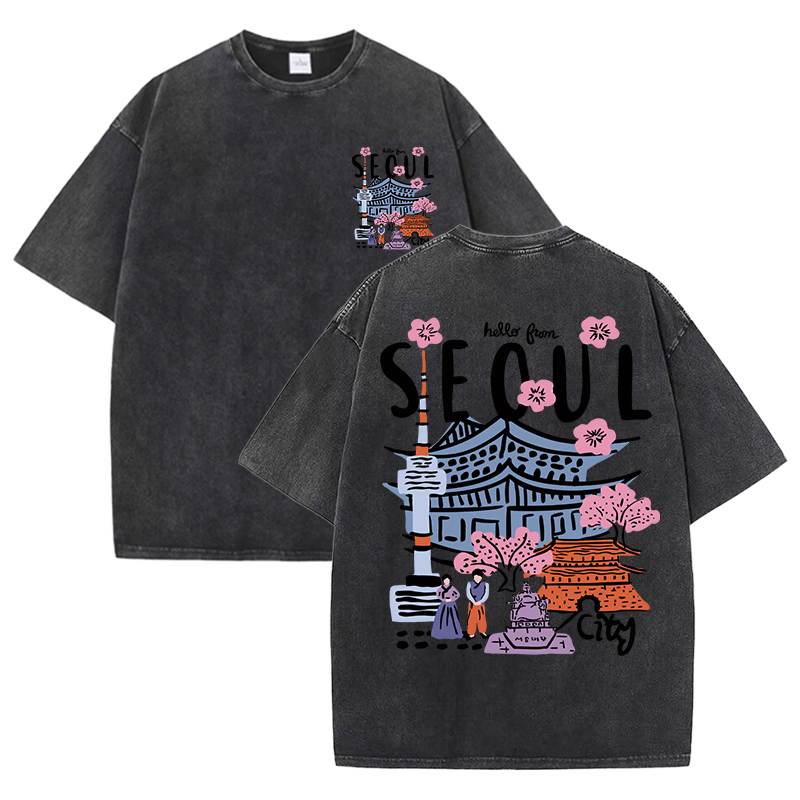 Seoul vacker natur tryckt tvättad t-shirt dam sommar rund hals kläder trendiga bomull kortärmade casual t-shirts: Xxl / Brun