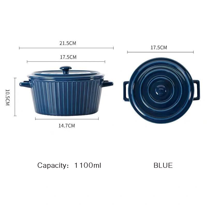 Moderne Minimalistische Dubbele Oor Keramische Kom Met Deksel Studentenflat Thuis Salade Instant Noodle Kom Magnetron-Verwarmbare Soeppan: Blue