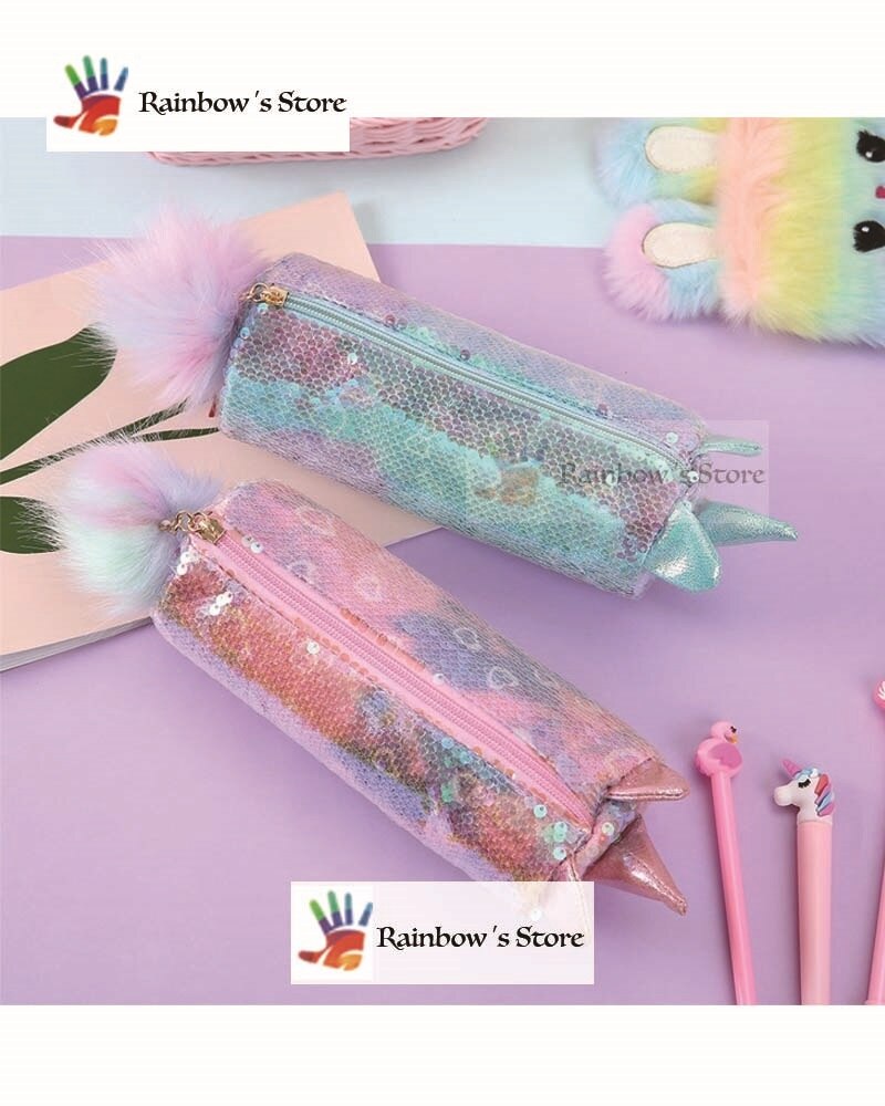 Reversible Sequin Cute Unicorn Pencil Case for Girls; Bling Bling Glitter Pink Stationery Bag ; Pensel Beg Alat Tulis