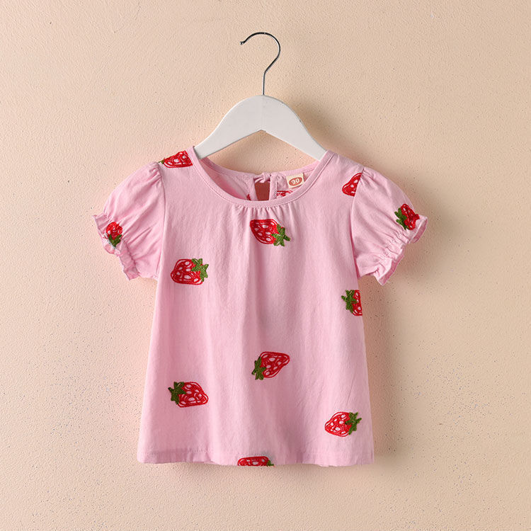 2021 estate nuove camicette da bambina camicia da bambino in cotone con stampa di fragole manica corta carino abbigliamento Casual per bambini camicie abito: Colore rosa / 120 for 5T