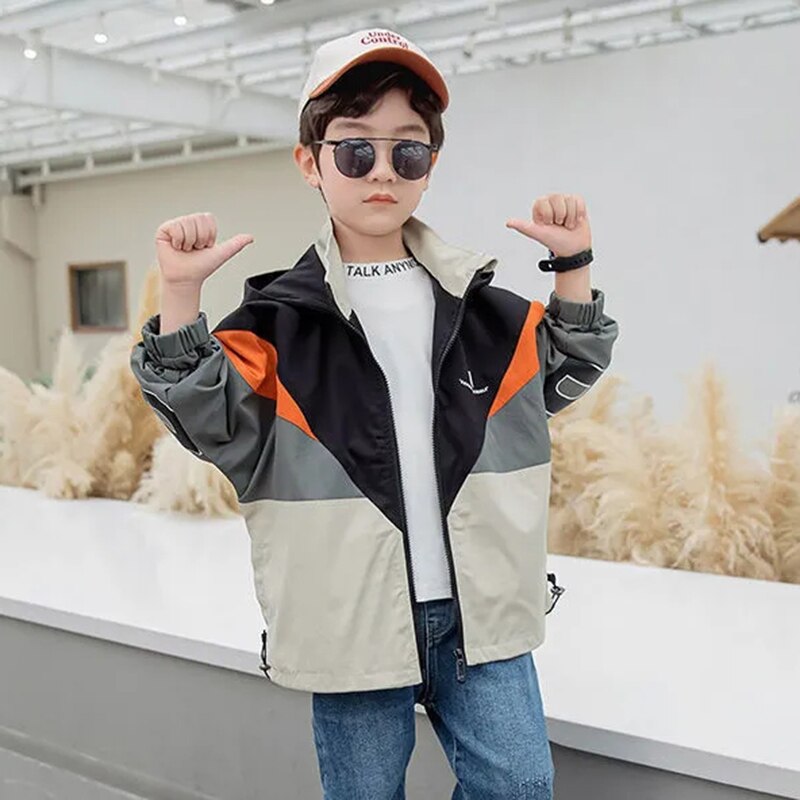 Lente &amp; Herfst Polyester Jas Voor Jongen 2022 Koreaanse Versie Mode Hooded Windbreaker Casual Patchwork Kinderkleding