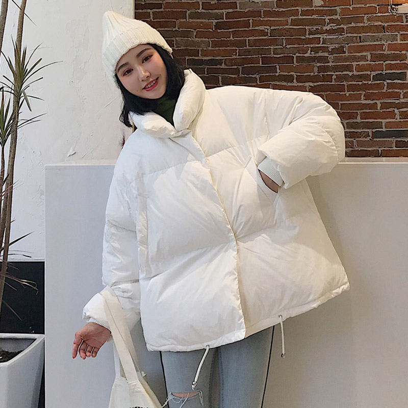 Vinterjacka i koreansk stil dam ståkrage solid svart vit kvinnlig dunjacka lös överdimensionerad kort parkas dam: Vit / M