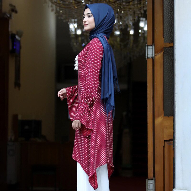 KALENMOS caftan musulman Abaya robe femmes été imprimé points Hijab longue Blouse hauts manches évasées asymétrique ourlet robes islamiques