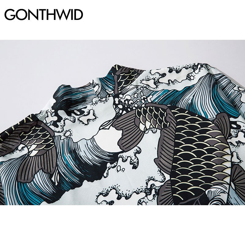 GONTHWID styl japońnarty karp Koi ryby Seawaves drukuj kardigan kimono koszule męskie zwykły otwarte przednie kurtki płaszcze topy znosić