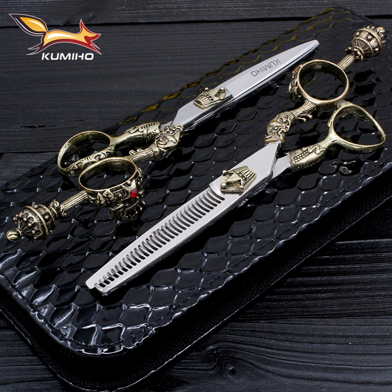 KUMIHO Giapponese forbici dei capelli kit 1 forbici di taglio e 1 assottigliamento forbici con il caso di cuoio di taglio di capelli con la corona maniglia