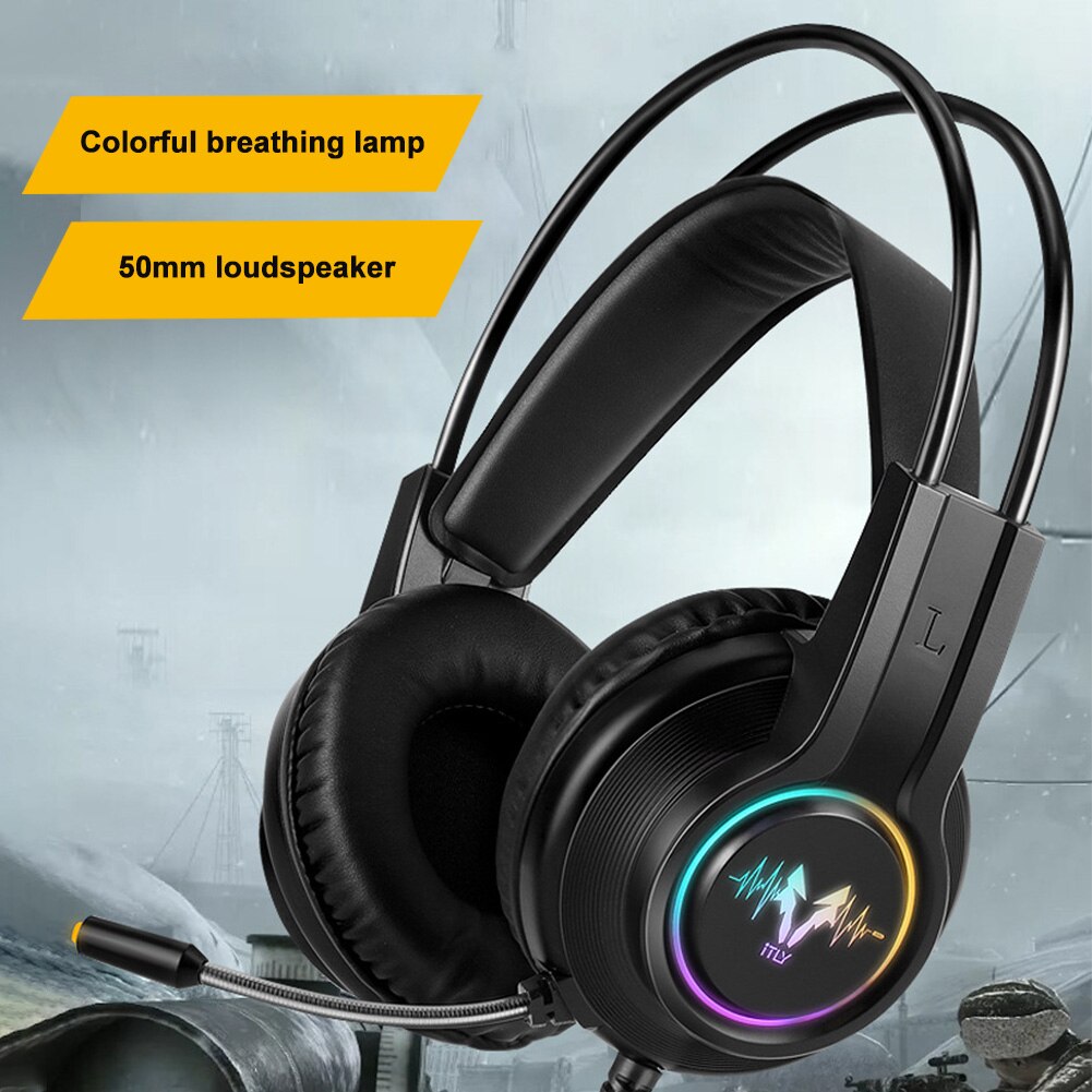Surround Sound Ergonomic LED RGB Light For Laptop ABS Stereo Noise Canceling Gaming Headset Wired USB Interface Universal: Black Double3.5MMUSB