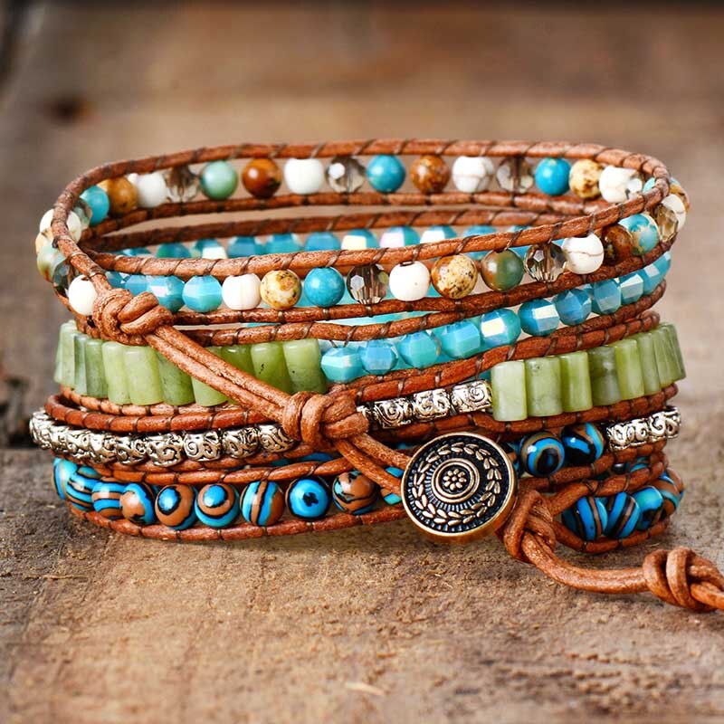 Punk Bracelets Women Wrap Bracelets Natural Stones 5 Layers Leather Cuff Bracelet Femme Bracelets