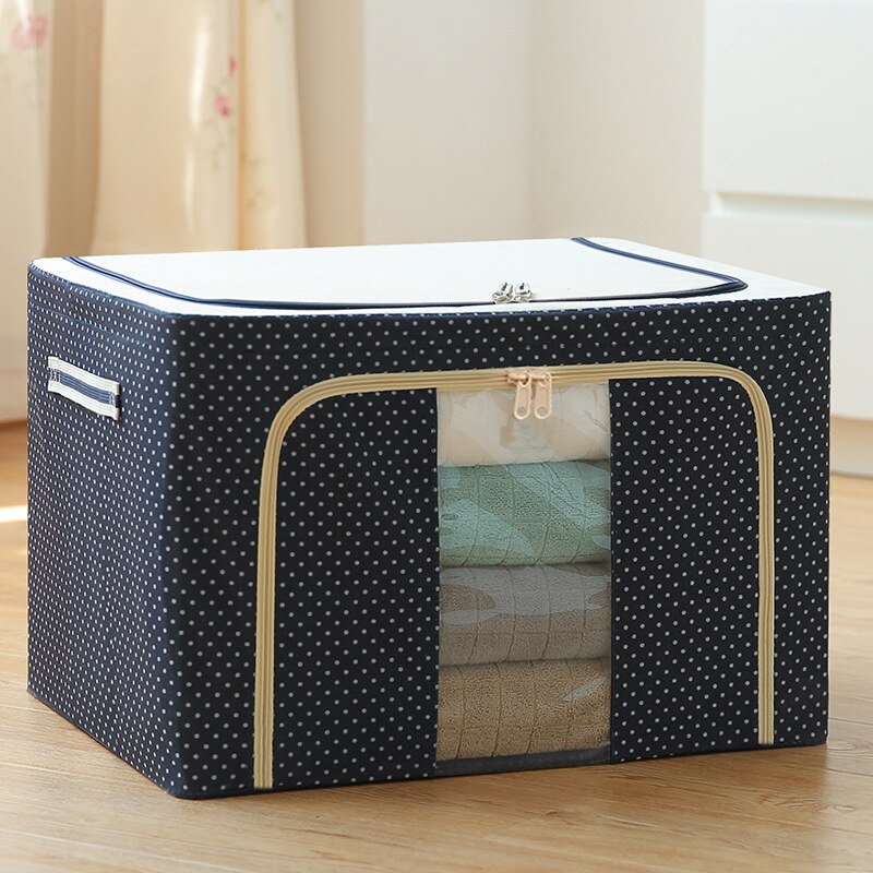 Steel Frame Storage Box Oxford Cloth Finishing Box Quilt Storage Box Folding WarDrobe Cloth Extra Large Storage Bag With Lid: Deep Blue / 72 liters