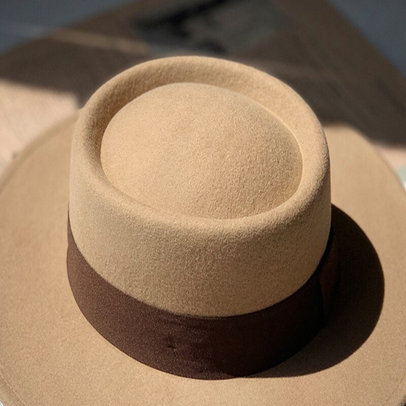 winter female flat-top trilby hat wide-brim hats for women wool felt fedora England cap