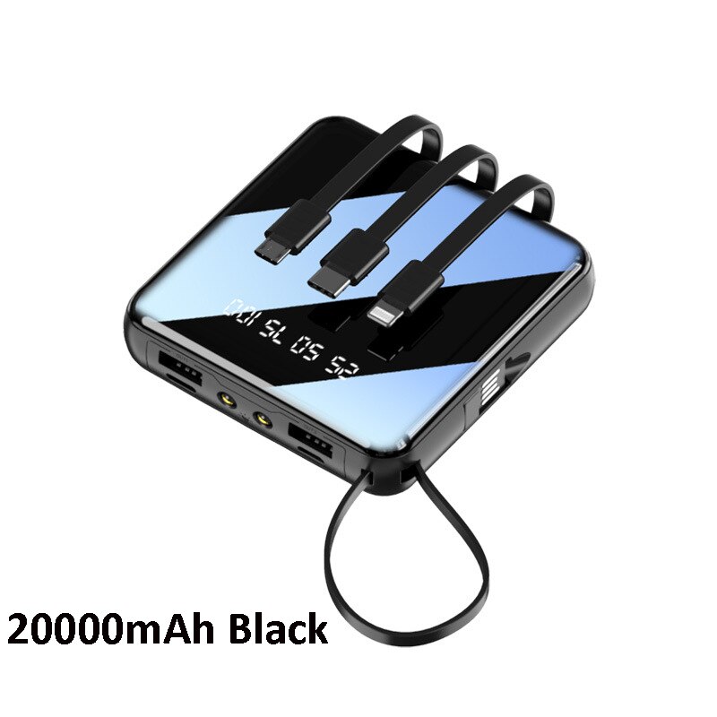 Mini Power Bank Built in 4 Cable 20000mAh Portable External Battery Charger Powerbank For Mobile Phone: 20000mAh Blue