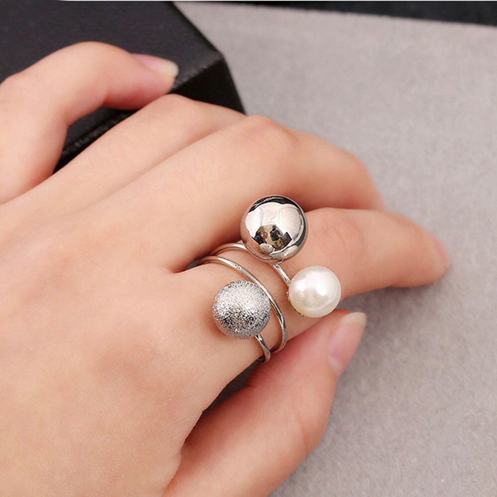 2020 nova moda ouro-cor coreano elegante feminino adorável meninas simulado pérola anéis de abertura ajustável com bolas de metal