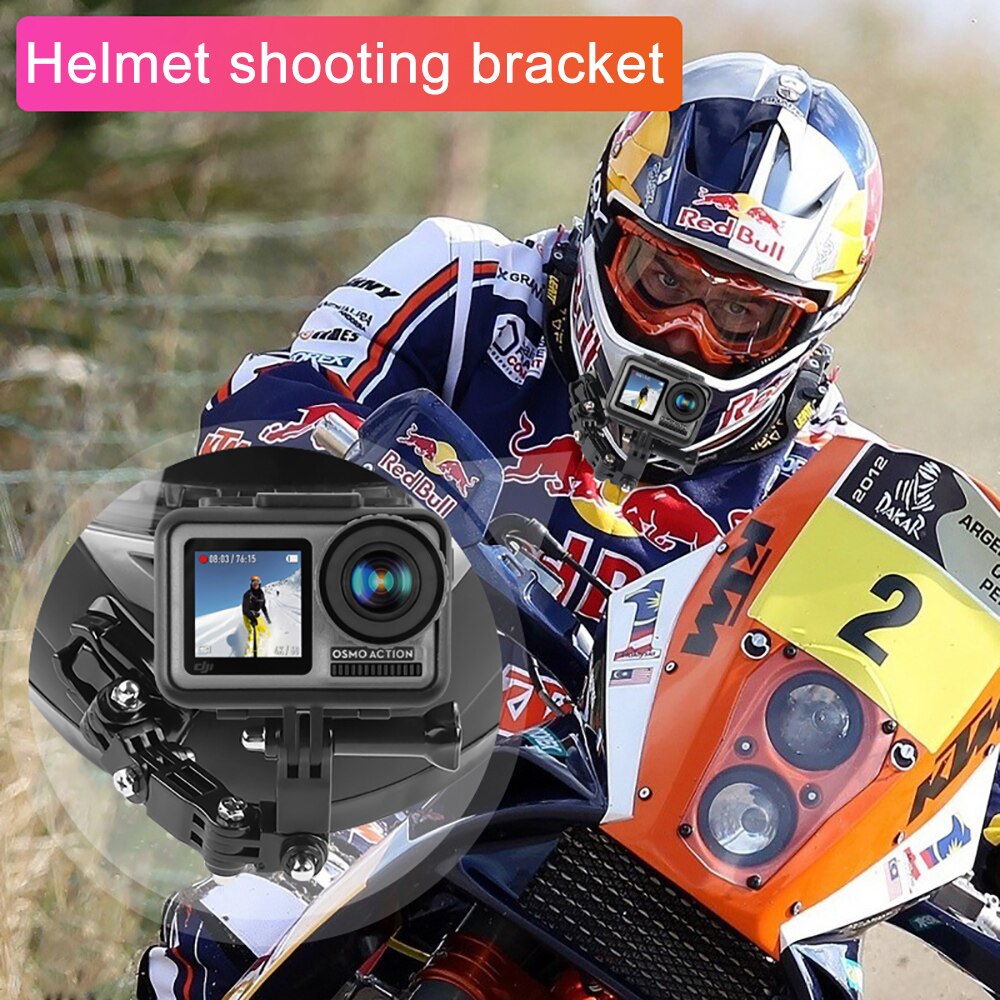 Actionkamera tilbehør 4 veier platespillerknappfeste dji osmo go pro hero 10 9 8 7 6 5 h9r motorsykkelhjelm hakebrakettarm