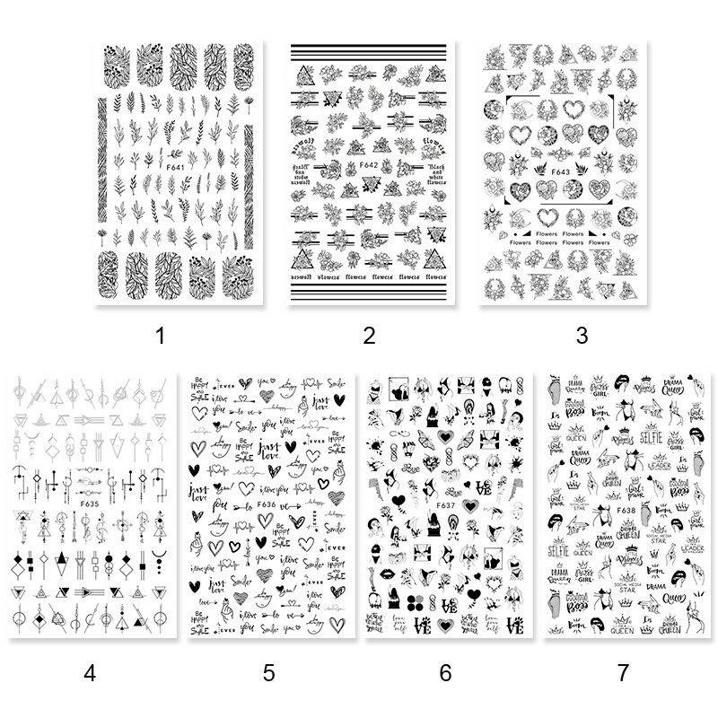 1 Vel Nagel Stickers Zwart Diverse Patroon Nail Decals Bloem Transfer Sticker Nail Art Diy 3D Decoratie Nail Art