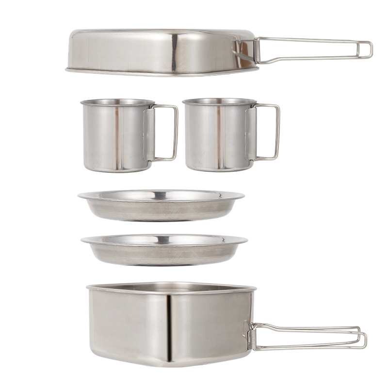 Stalinless Stahl Cookset draussen Camping Kochgeschirr Chaos Bausatz Leichte Topf Pfanne 2 Tassen Platte Für Wandern Wandern Picknick BBQ