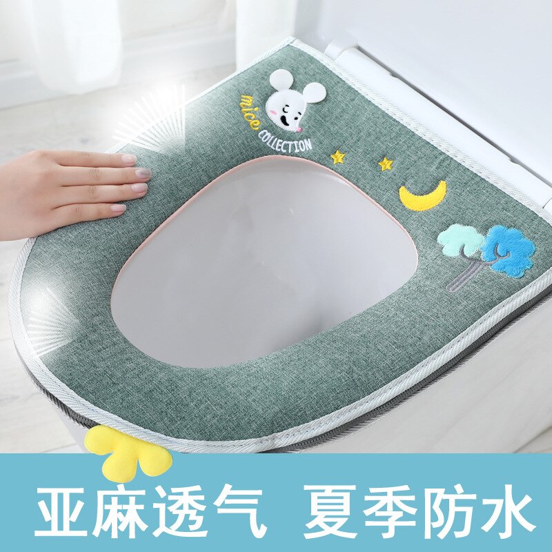 Bathroom Accessories Household Four Seasons Toilet Seat Gasket Washable Zipper Toilet Seat Universal Waterproof Cute Toilet Seat: Linen Green