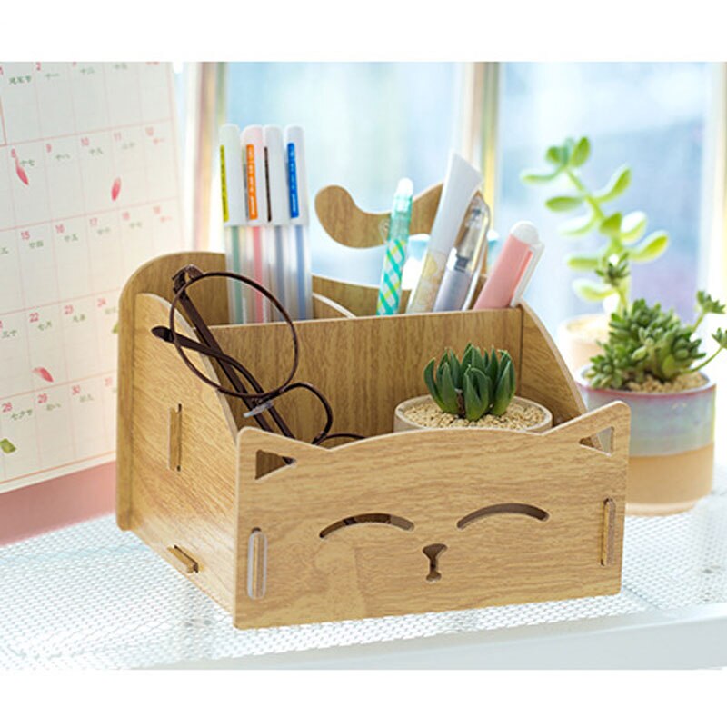 Wooden Kawaii Cute Pen Holder Office School Storage Case Stationery Organizer Office Supplies