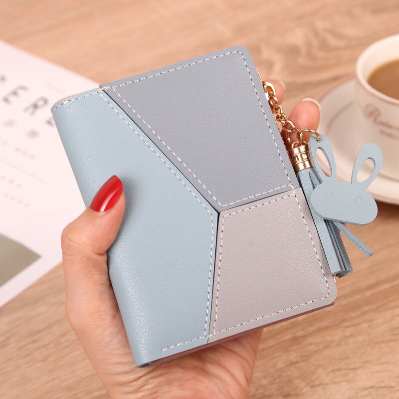 Geometric Tassel And Rabbit Decoration Leather Wallets Women Phone Pocket Purses Hasp Clutch Wallets: blue