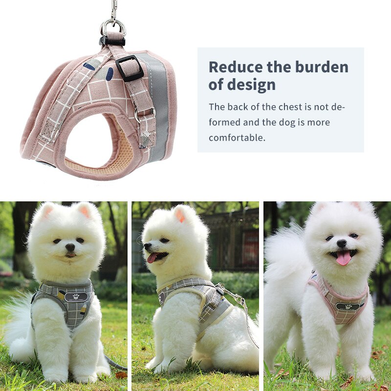 Dog Harness with Leash Adjustable Vest Walking Supplies Soft Breathable Plaid Collar Pet Accessories for Small Medidum Large Dog