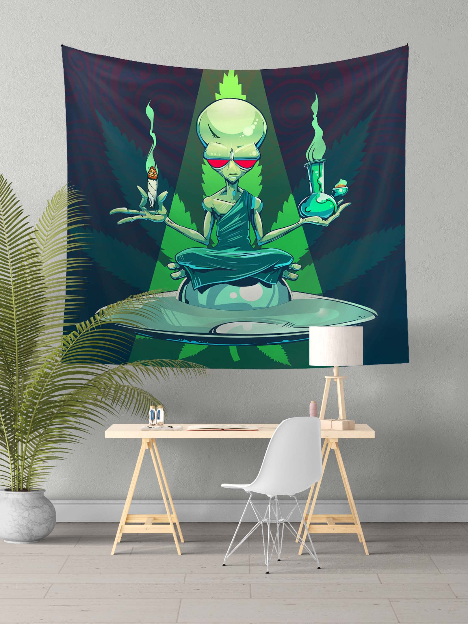 Alien Tapestry Psychedelic Green Leaves Hippie Wall Decor Room Decoration Wall Hanging Tapestries for Dorm Room Fantasy