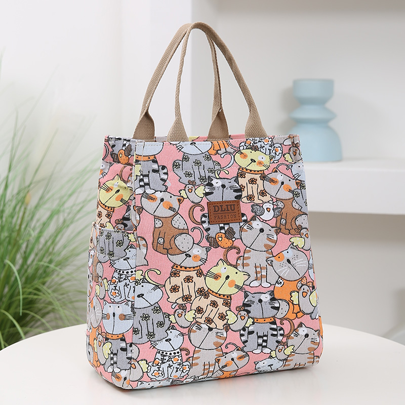 Bolsa de almuerzo con estampado de dibujos animados, bolsa Bento de lona portátil, bolso informal para mujer y bolso de mano para escuela, oficina, picnic: Rosa